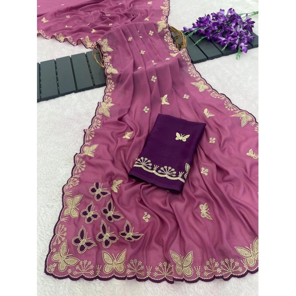 Generic Women's Star Georgette Embellished Saree With Unstitched Blouse 5.5Mtr (Dusty Purple-Blue)