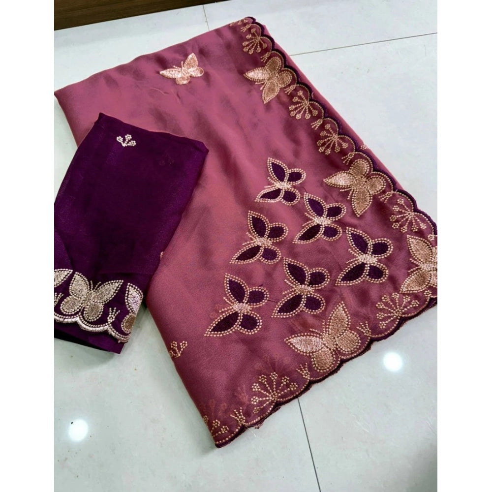 Generic Women's Star Georgette Embellished Saree With Unstitched Blouse 5.5Mtr (Dusty Purple-Blue)