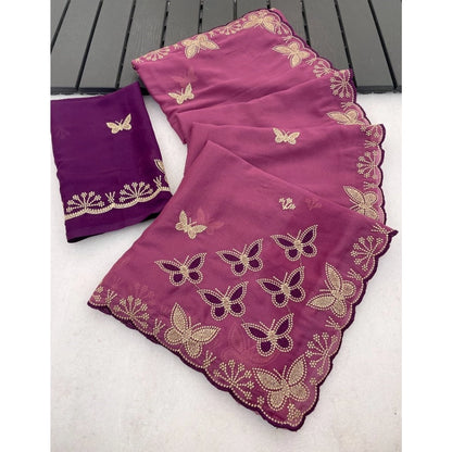 Generic Women's Star Georgette Embellished Saree With Unstitched Blouse 5.5Mtr (Dusty Purple-Blue)