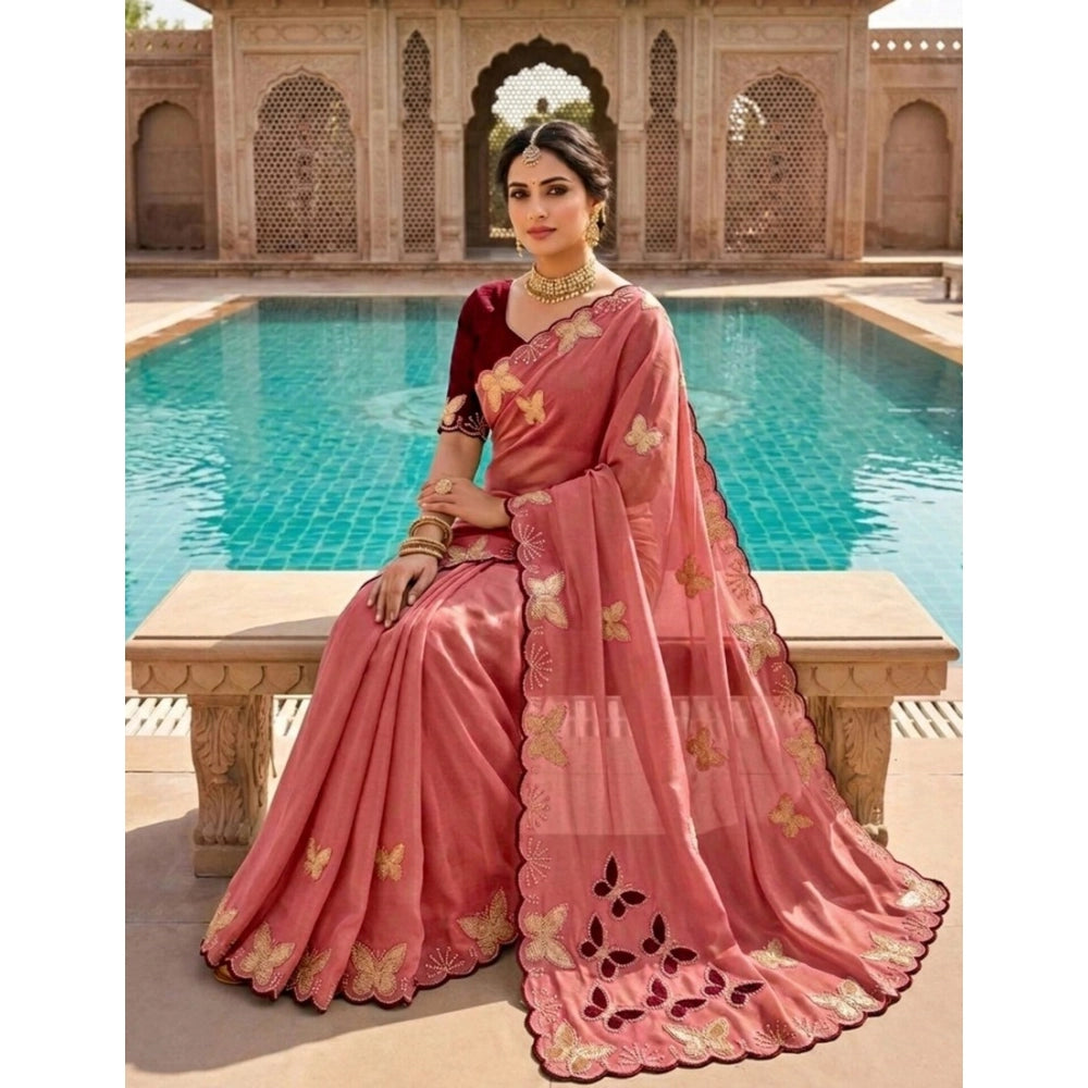 Generic Women's Star Georgette Embellished Saree With Unstitched Blouse 5.5Mtr (Dusty Coral-Maroon)