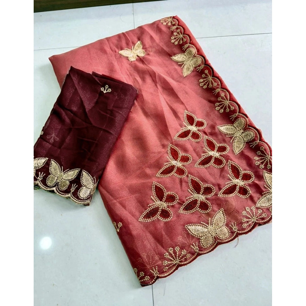 Generic Women's Star Georgette Embellished Saree With Unstitched Blouse 5.5Mtr (Dusty Coral-Maroon)