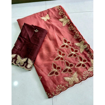 Generic Women's Star Georgette Embellished Saree With Unstitched Blouse 5.5Mtr (Dusty Coral-Maroon)