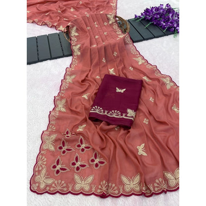 Generic Women's Star Georgette Embellished Saree With Unstitched Blouse 5.5Mtr (Dusty Coral-Maroon)