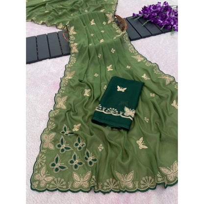 Generic Women's Star Georgette Embellished Saree With Unstitched Blouse 5.5Mtr (Green)