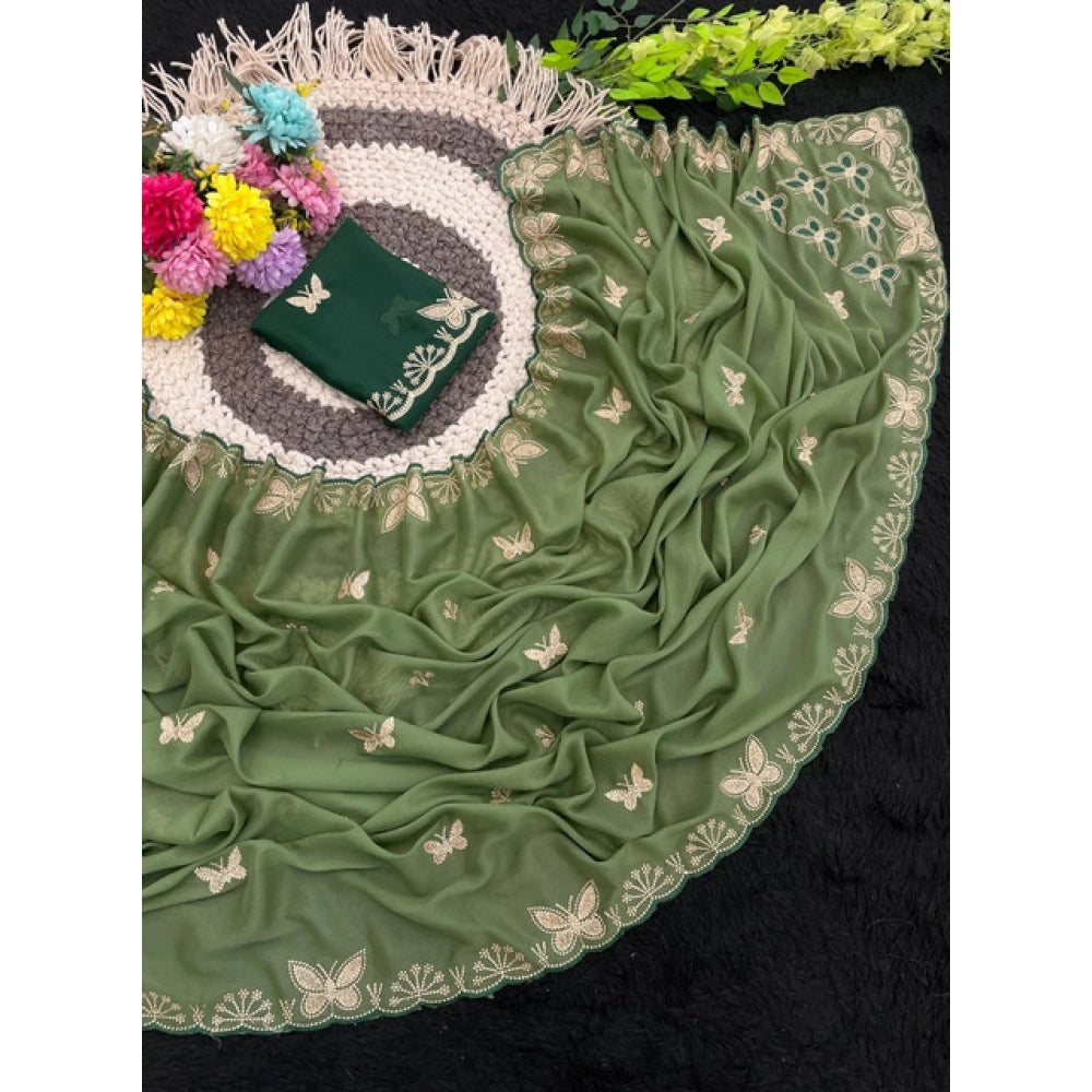 Generic Women's Star Georgette Embellished Saree With Unstitched Blouse 5.5Mtr (Green)