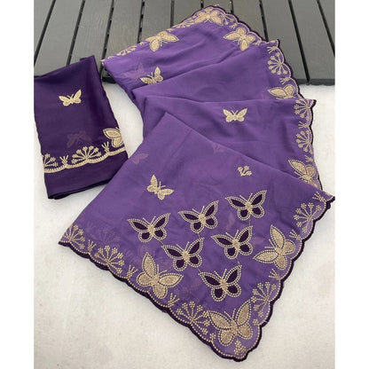 Generic Women's Star Georgette Embellished Saree With Unstitched Blouse 5.5Mtr (Lavender)