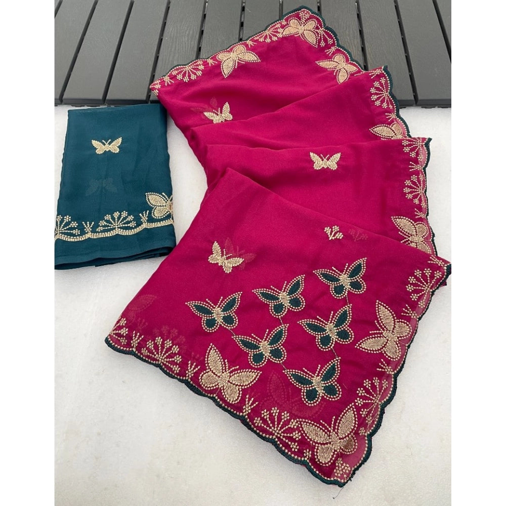 Generic Women's Star Georgette Embellished Saree With Unstitched Blouse 5.5Mtr (Magenta-Green)