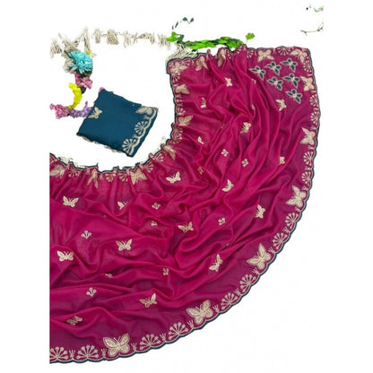 Generic Women's Star Georgette Embellished Saree With Unstitched Blouse 5.5Mtr (Magenta-Green)