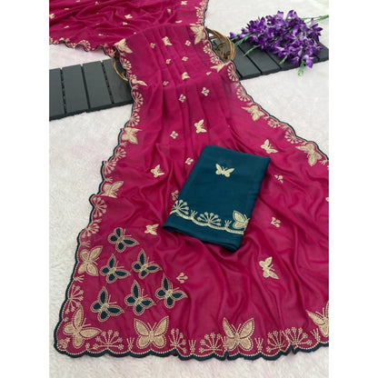 Generic Women's Star Georgette Embellished Saree With Unstitched Blouse 5.5Mtr (Magenta-Green)