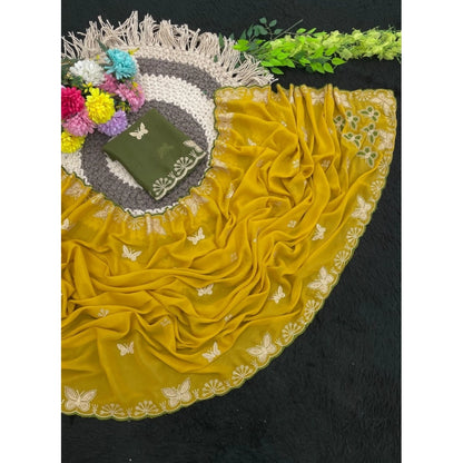 Generic Women's Star Georgette Embellished Saree With Unstitched Blouse 5.5Mtr (Mustard)