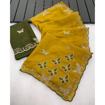 Generic Women's Star Georgette Embellished Saree With Unstitched Blouse 5.5Mtr (Mustard)