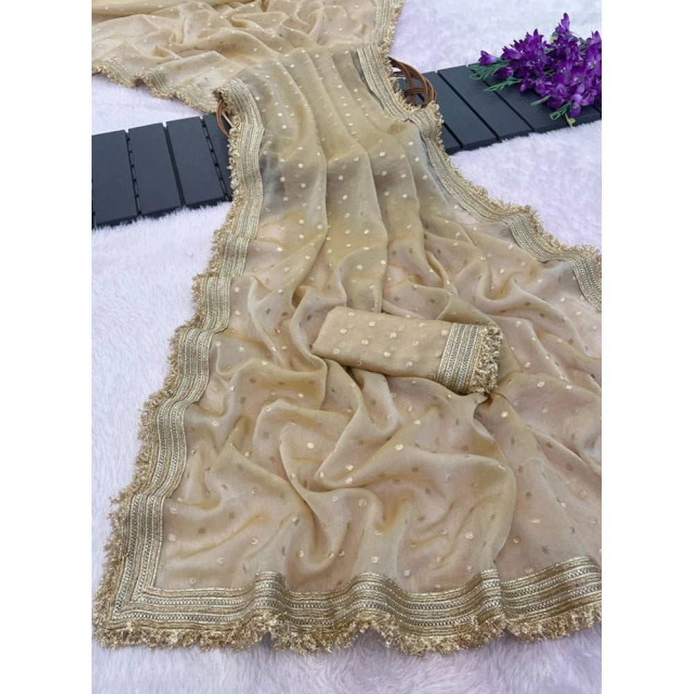 Generic Women's Silk Embellished Saree With Unstitched Blouse 5.5Mtr (Beige)