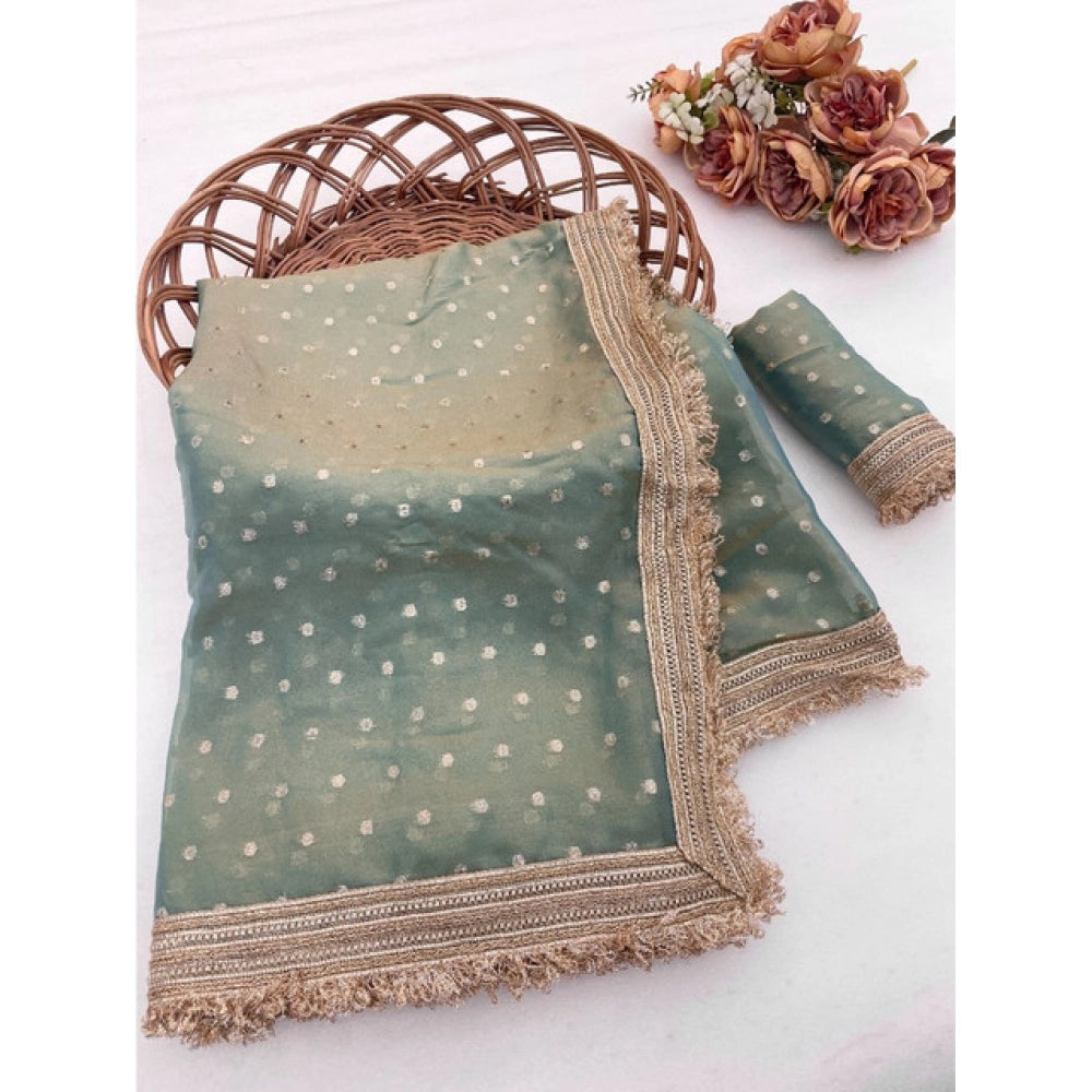 Generic Women's Silk Embellished Saree With Unstitched Blouse 5.5Mtr (Green)
