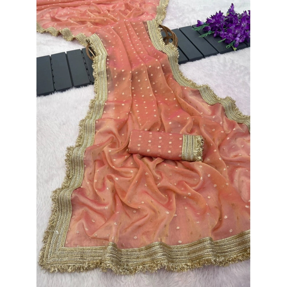 Generic Women's Silk Embellished Saree With Unstitched Blouse 5.5Mtr (Peach)