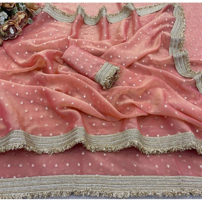 Generic Women's Silk Embellished Saree With Unstitched Blouse 5.5Mtr (Peach)