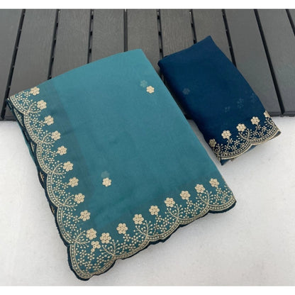 Generic Women's Star Georgette Embroidered Saree With Unstitched Blouse 5.5Mtr (Blue)