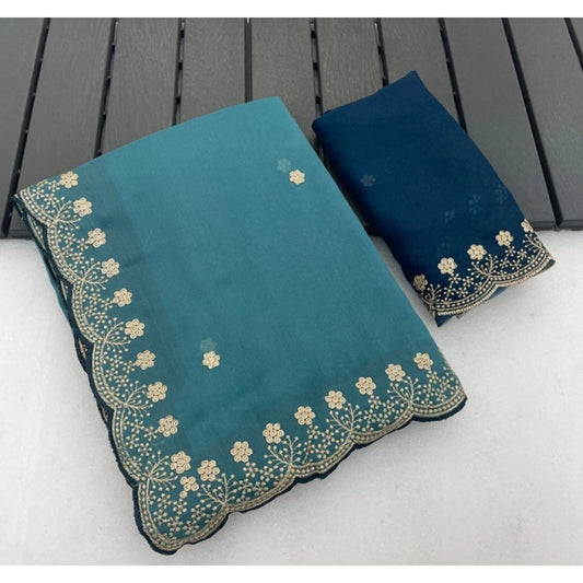 Generic Women's Star Georgette Embroidered Saree With Unstitched Blouse 5.5Mtr (Blue)