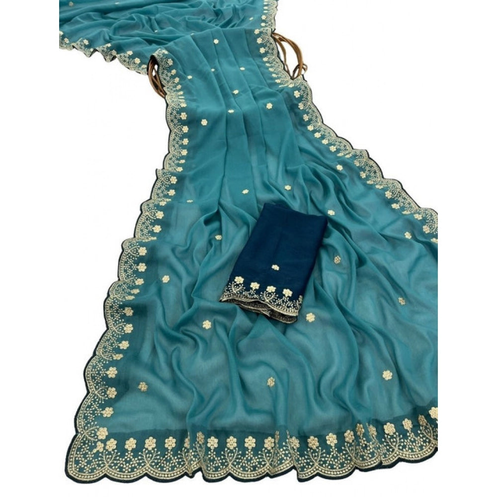 Generic Women's Star Georgette Embroidered Saree With Unstitched Blouse 5.5Mtr (Blue)