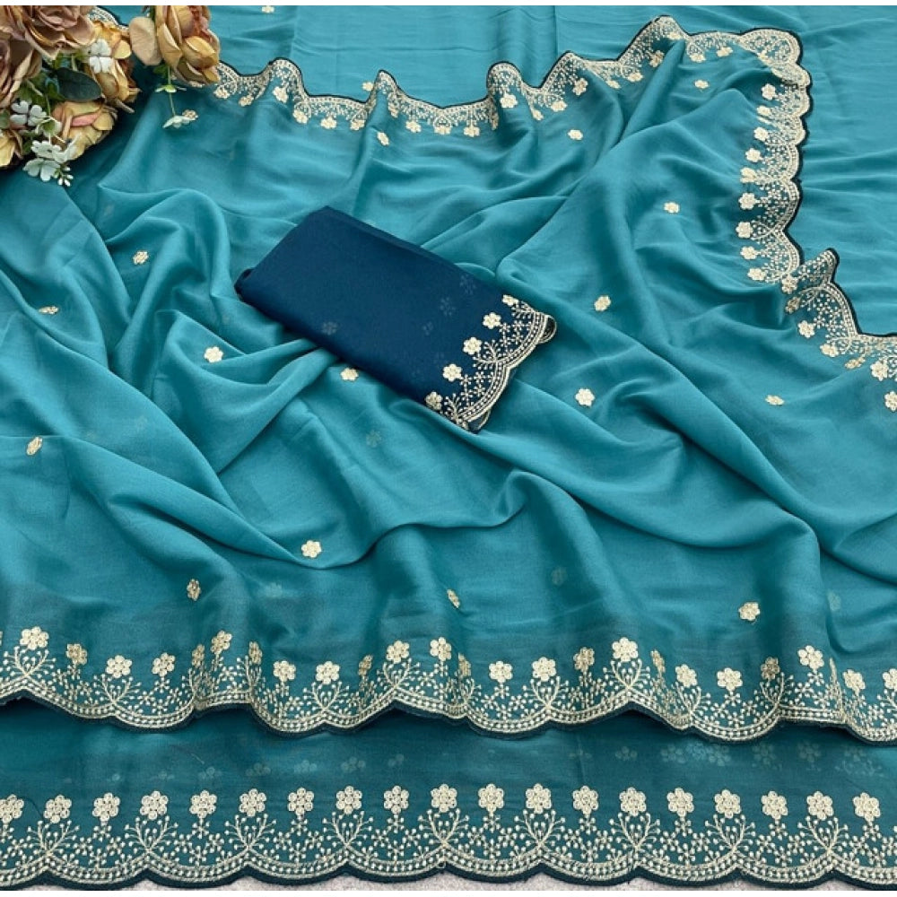 Generic Women's Star Georgette Embroidered Saree With Unstitched Blouse 5.5Mtr (Blue)