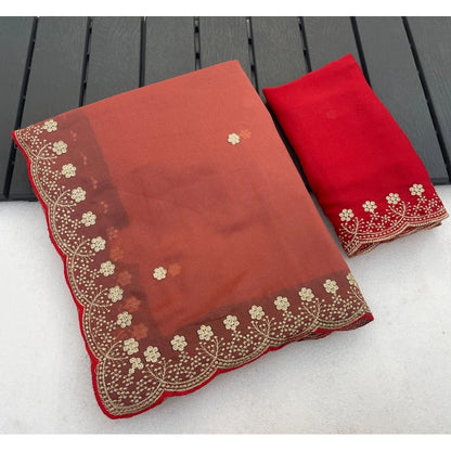 Generic Women's Star Georgette Embroidered Saree With Unstitched Blouse 5.5Mtr (Orange)