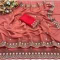 Generic Women's Star Georgette Embroidered Saree With Unstitched Blouse 5.5Mtr (Orange)