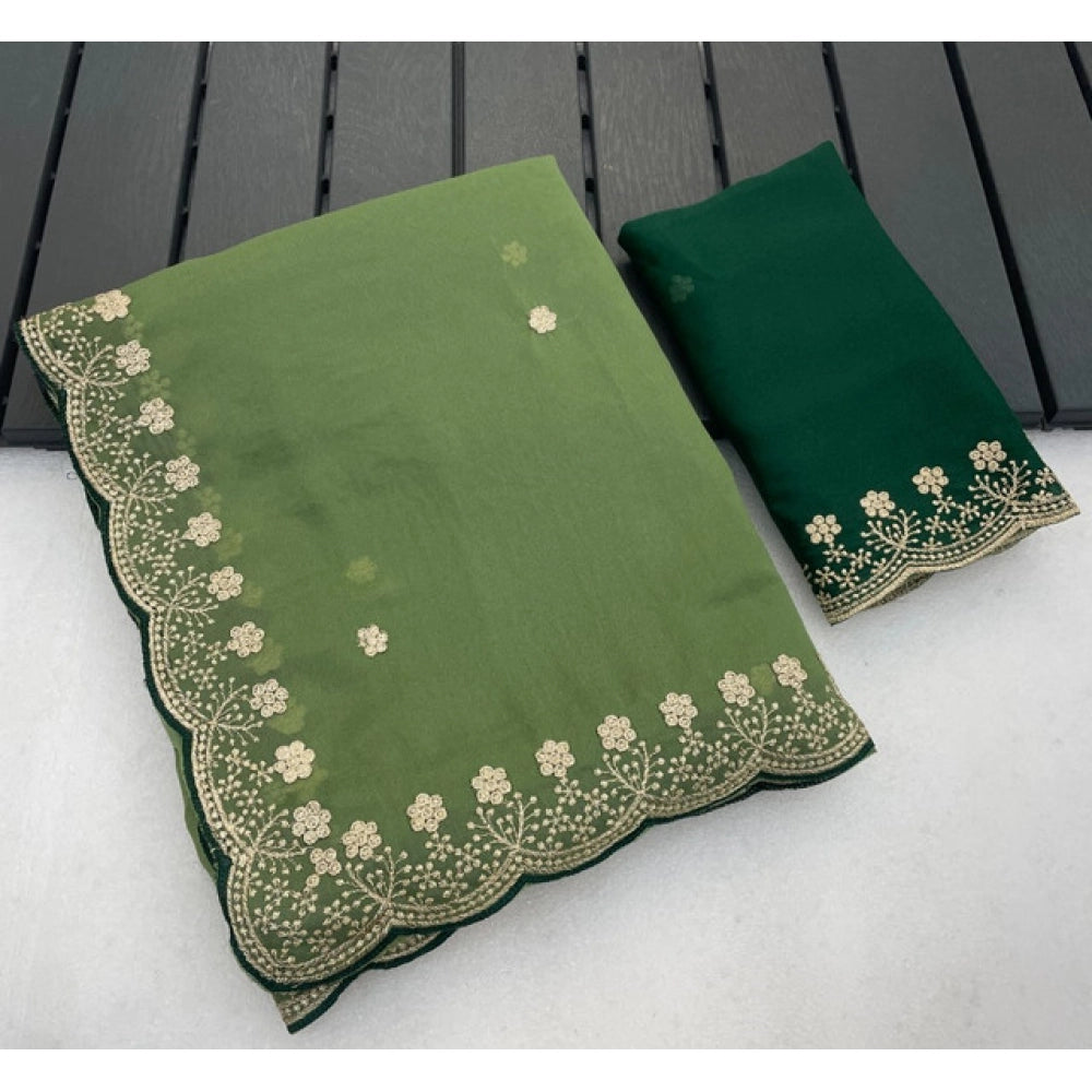 Generic Women's Star Georgette Embroidered Saree With Unstitched Blouse 5.5Mtr (Green)