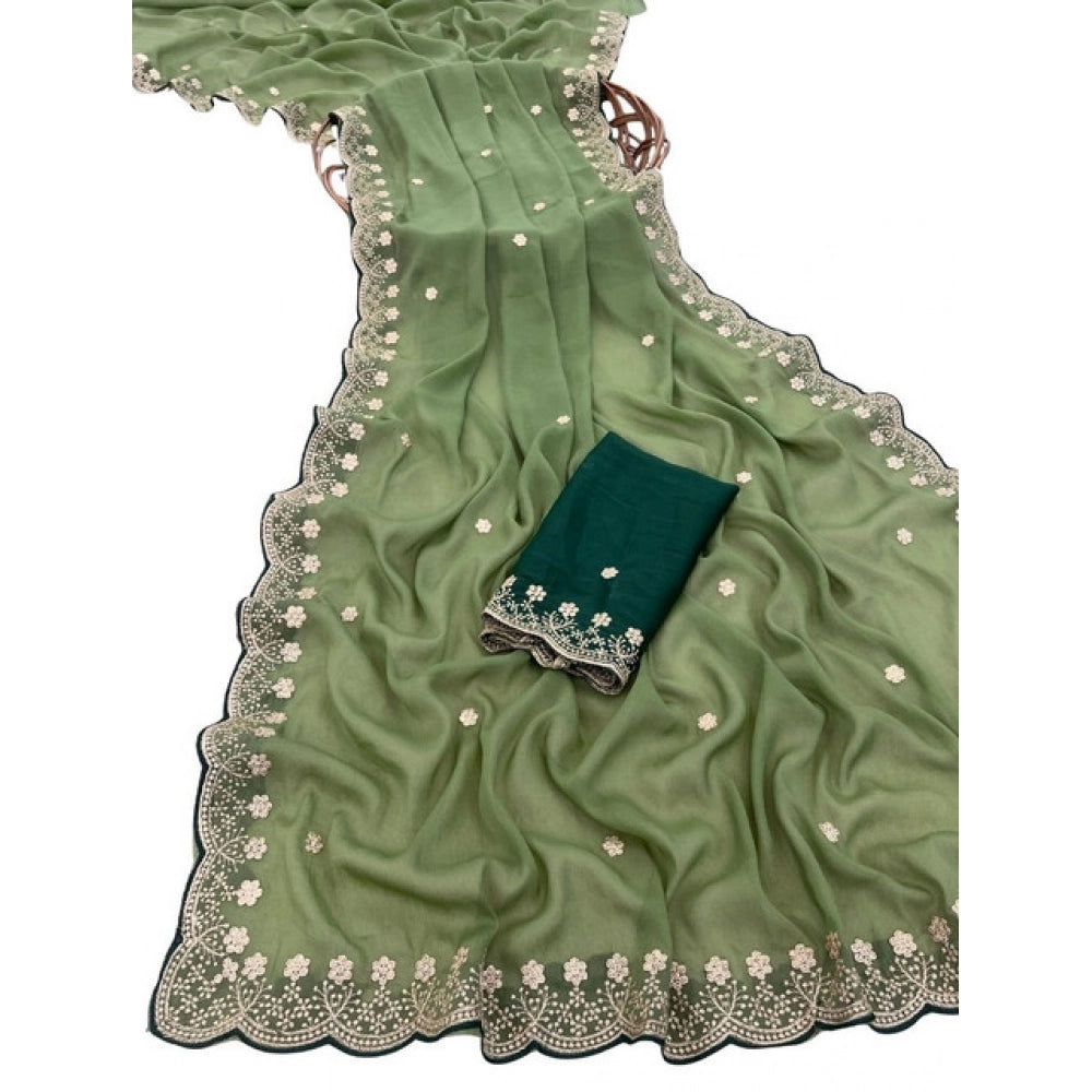 Generic Women's Star Georgette Embroidered Saree With Unstitched Blouse 5.5Mtr (Green)
