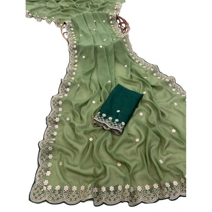 Generic Women's Star Georgette Embroidered Saree With Unstitched Blouse 5.5Mtr (Green)