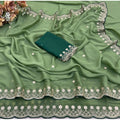 Generic Women's Star Georgette Embroidered Saree With Unstitched Blouse 5.5Mtr (Green)