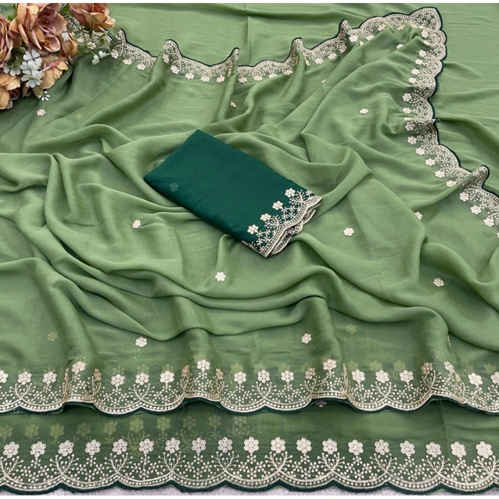 Generic Women's Star Georgette Embroidered Saree With Unstitched Blouse 5.5Mtr (Green)