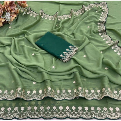 Generic Women's Star Georgette Embroidered Saree With Unstitched Blouse 5.5Mtr (Green)