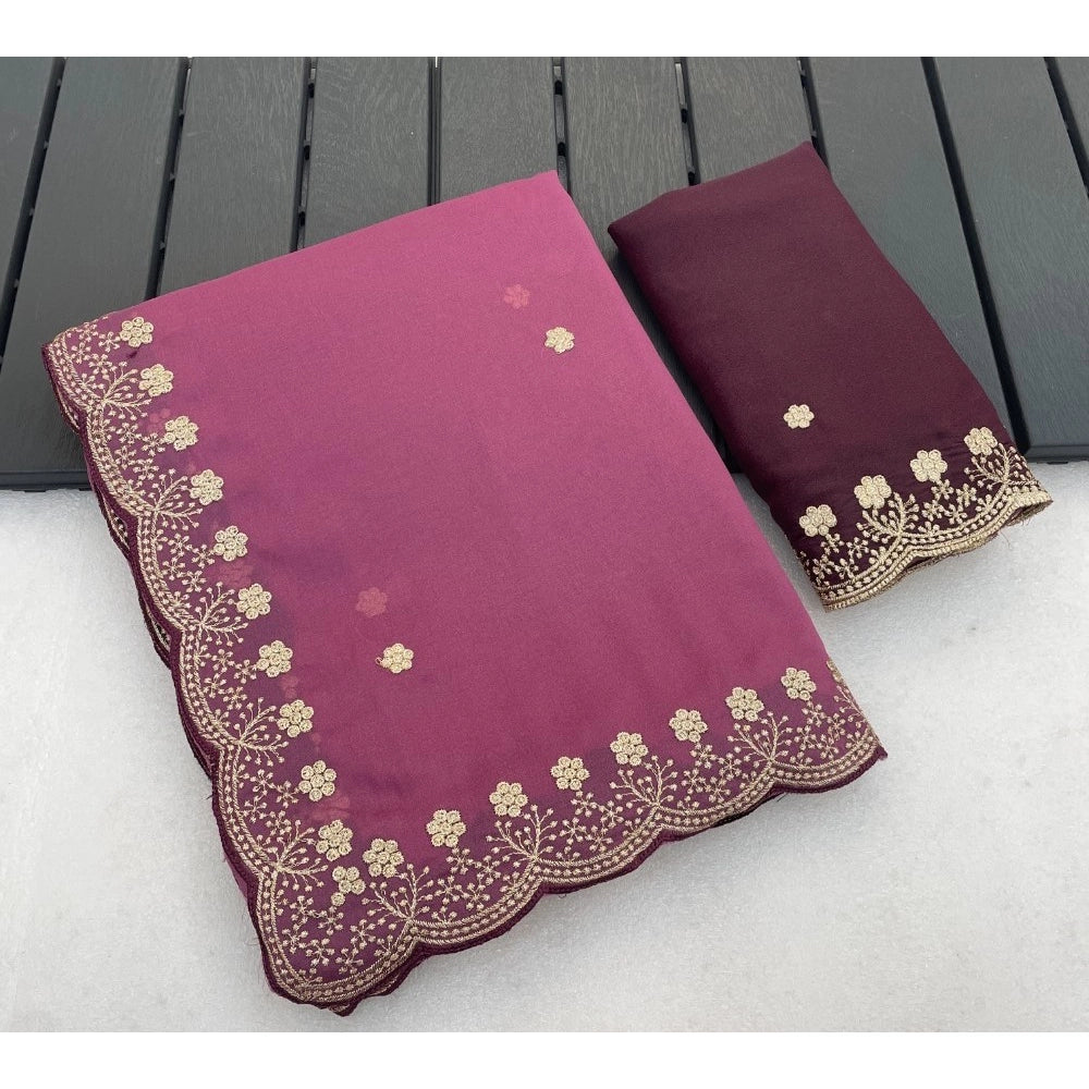Generic Women's Star Georgette Embroidered Saree With Unstitched Blouse 5.5Mtr (Pink)