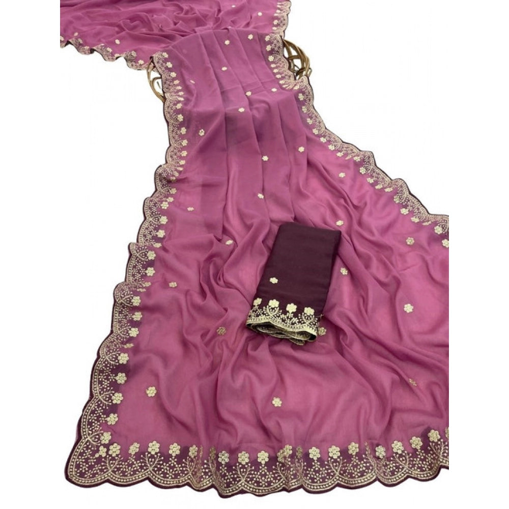 Generic Women's Star Georgette Embroidered Saree With Unstitched Blouse 5.5Mtr (Pink)