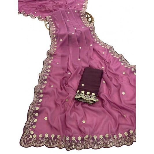 Generic Women's Star Georgette Embroidered Saree With Unstitched Blouse 5.5Mtr (Pink)