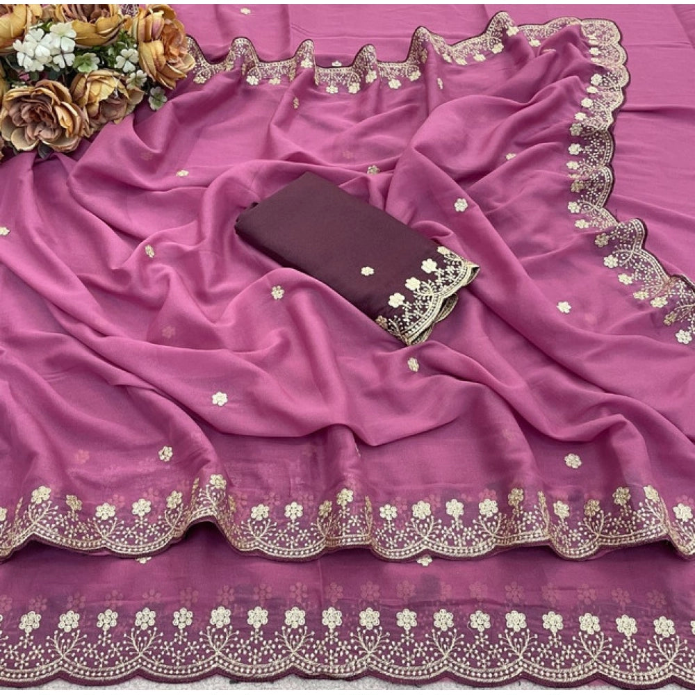 Generic Women's Star Georgette Embroidered Saree With Unstitched Blouse 5.5Mtr (Pink)