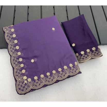 Generic Women's Star Georgette Embroidered Saree With Unstitched Blouse 5.5Mtr (Purple)