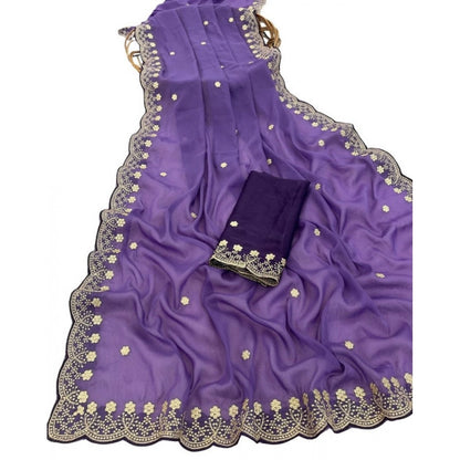 Generic Women's Star Georgette Embroidered Saree With Unstitched Blouse 5.5Mtr (Purple)