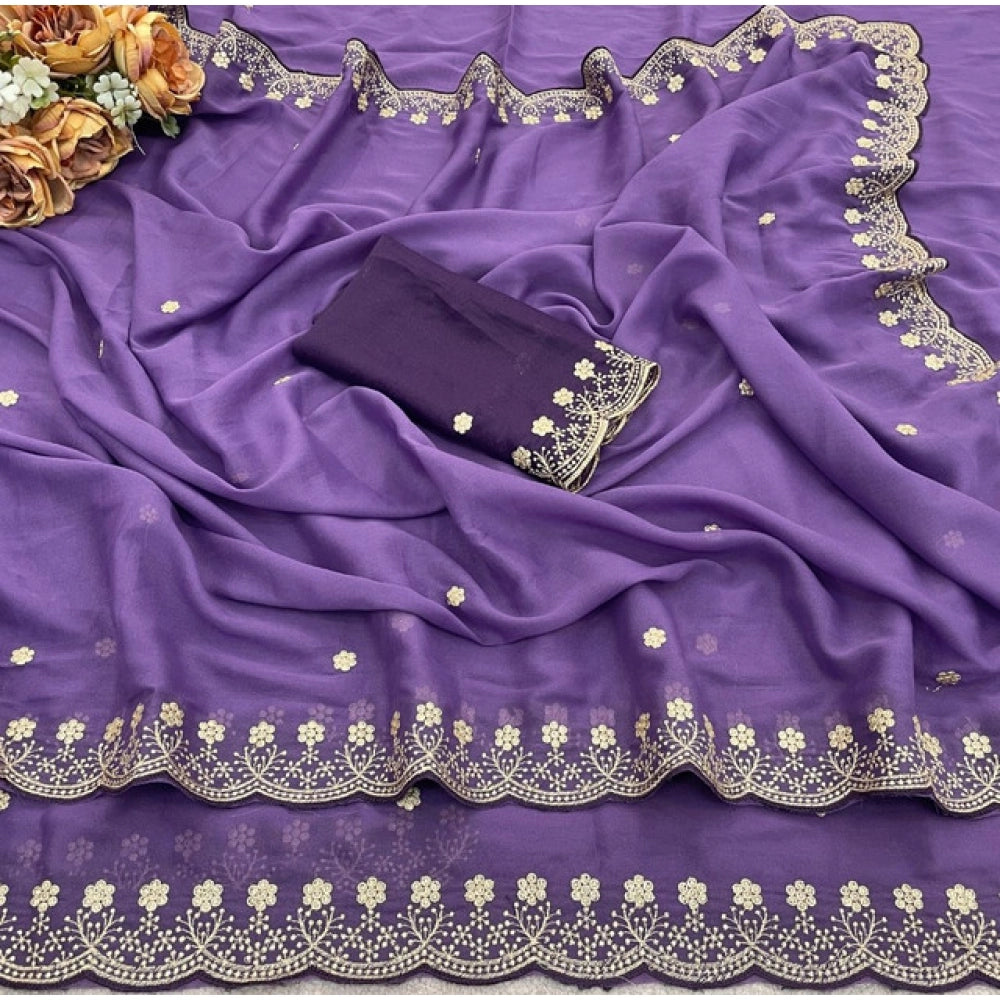 Generic Women's Star Georgette Embroidered Saree With Unstitched Blouse 5.5Mtr (Purple)