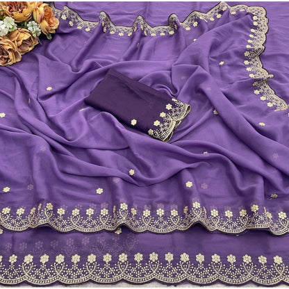 Generic Women's Star Georgette Embroidered Saree With Unstitched Blouse 5.5Mtr (Purple)