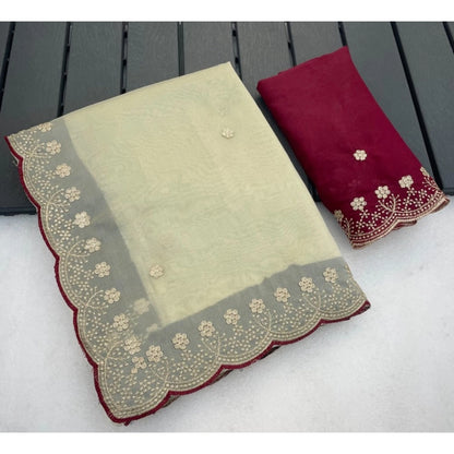 Generic Women's Star Georgette Embroidered Saree With Unstitched Blouse 5.5Mtr (Off White)