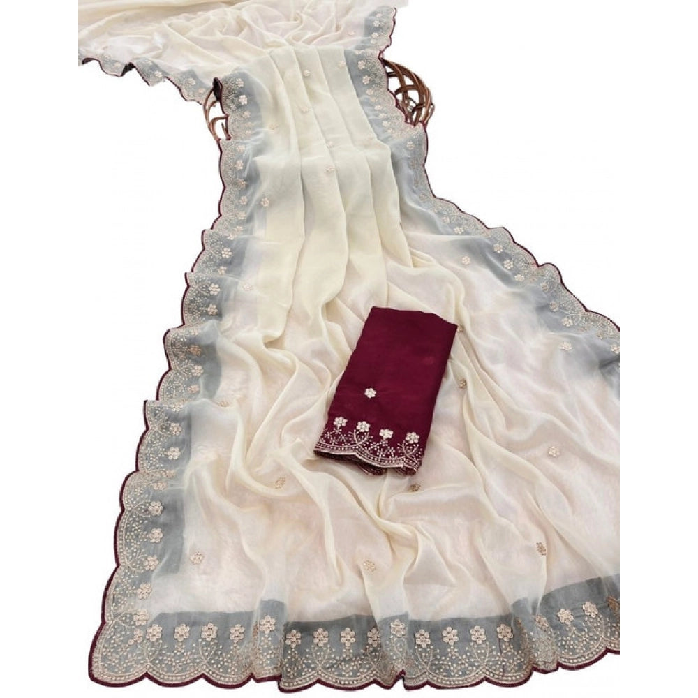 Generic Women's Star Georgette Embroidered Saree With Unstitched Blouse 5.5Mtr (Off White)