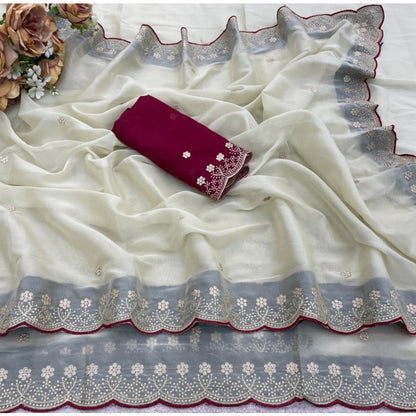 Generic Women's Star Georgette Embroidered Saree With Unstitched Blouse 5.5Mtr (Off White)