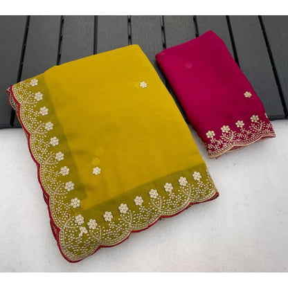 Generic Women's Star Georgette Embroidered Saree With Unstitched Blouse 5.5Mtr (Yellow)
