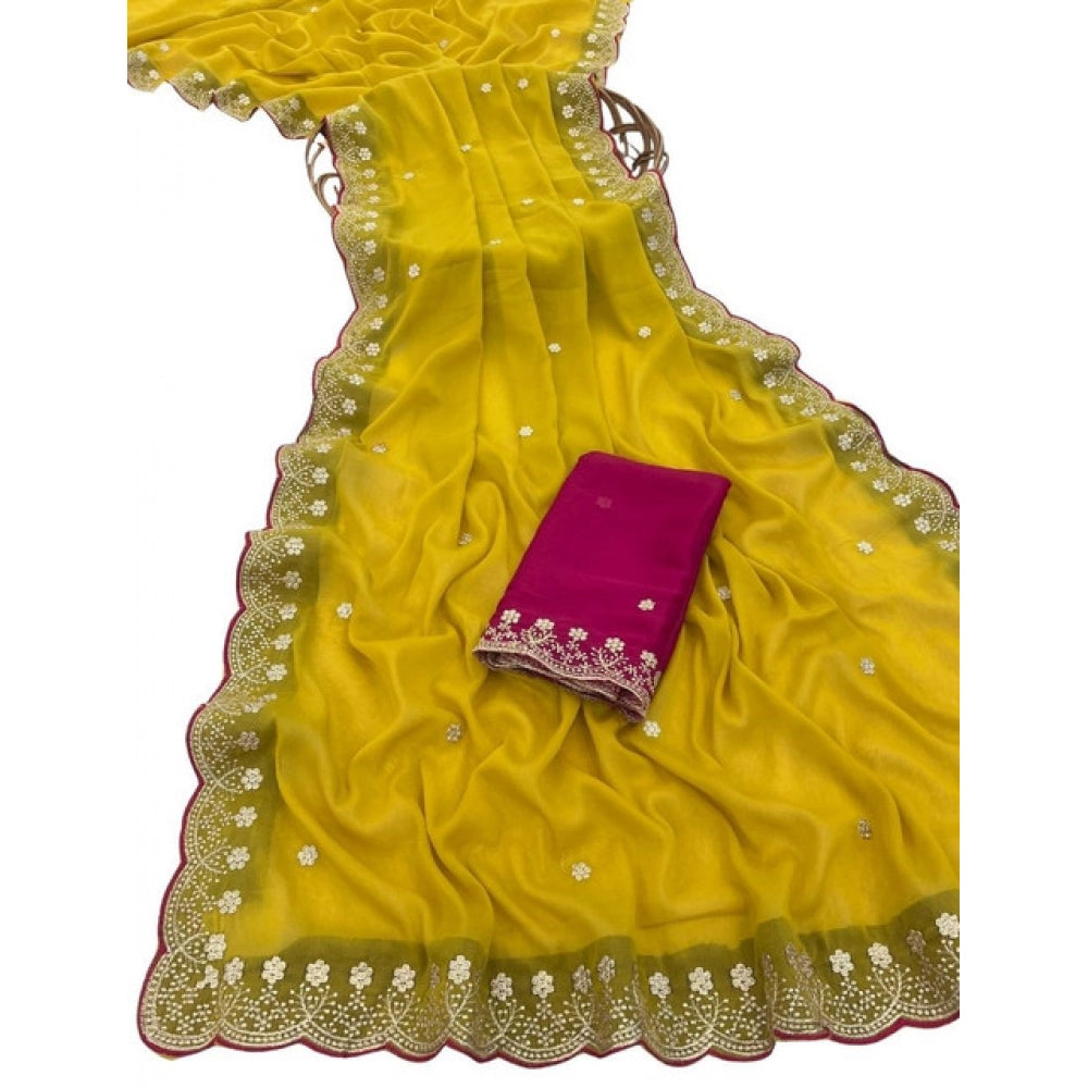 Generic Women's Star Georgette Embroidered Saree With Unstitched Blouse 5.5Mtr (Yellow)