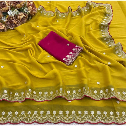 Generic Women's Star Georgette Embroidered Saree With Unstitched Blouse 5.5Mtr (Yellow)