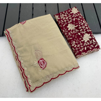 Generic Women's Star Georgette Embroidered Saree With Unstitched Blouse 5.5Mtr (Cream)
