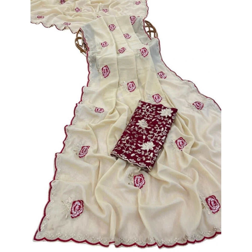 Generic Women's Star Georgette Embroidered Saree With Unstitched Blouse 5.5Mtr (Cream)