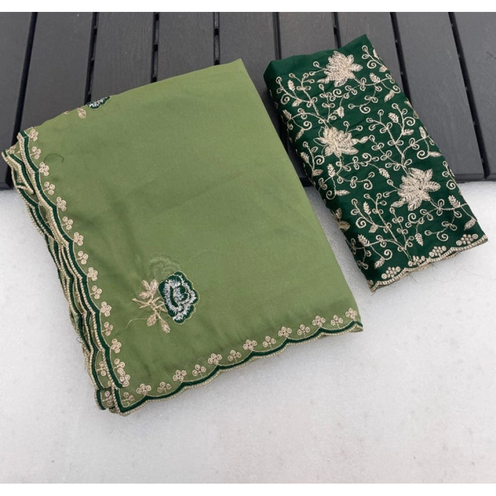 Generic Women's Star Georgette Embroidered Saree With Unstitched Blouse 5.5Mtr (Green)