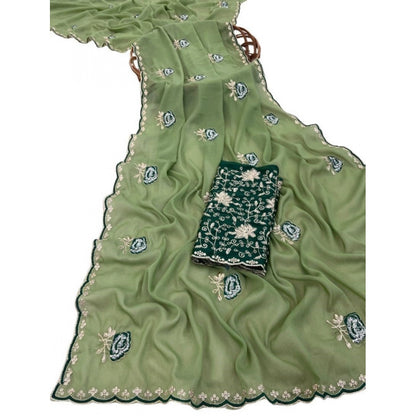 Generic Women's Star Georgette Embroidered Saree With Unstitched Blouse 5.5Mtr (Green)