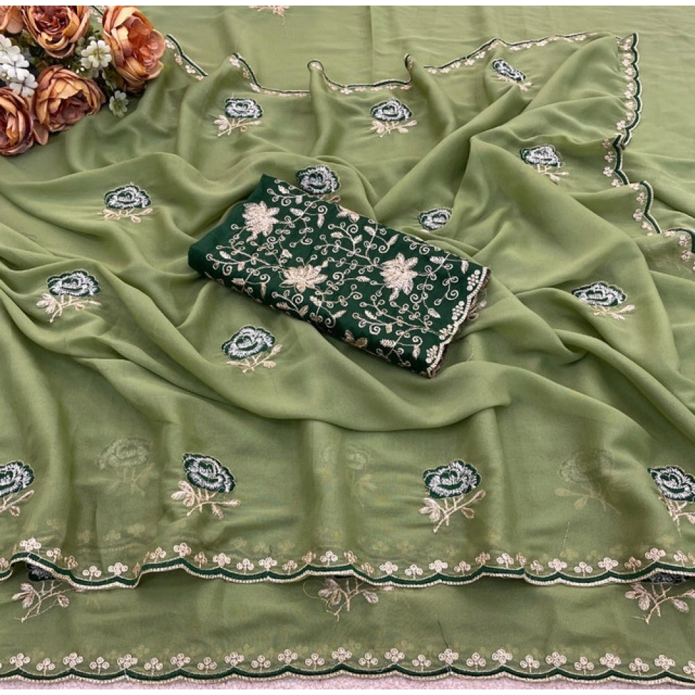 Generic Women's Star Georgette Embroidered Saree With Unstitched Blouse 5.5Mtr (Green)
